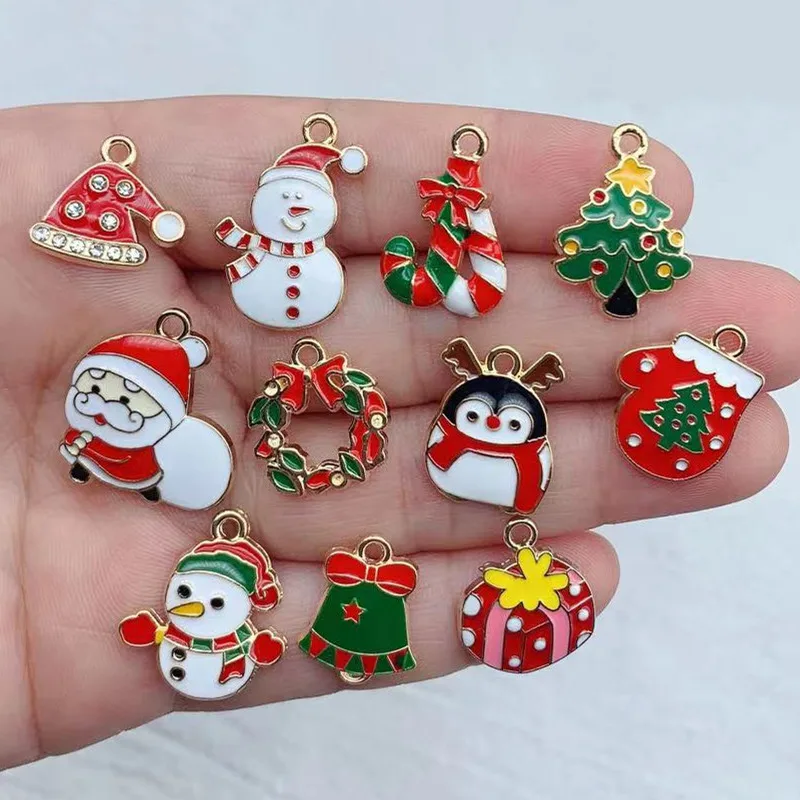 11pcs New Mixed Colorful Christmas Series Enamel Charms Small Pendant Xmas Gifts DIY Handmade Jewelry Making Finding