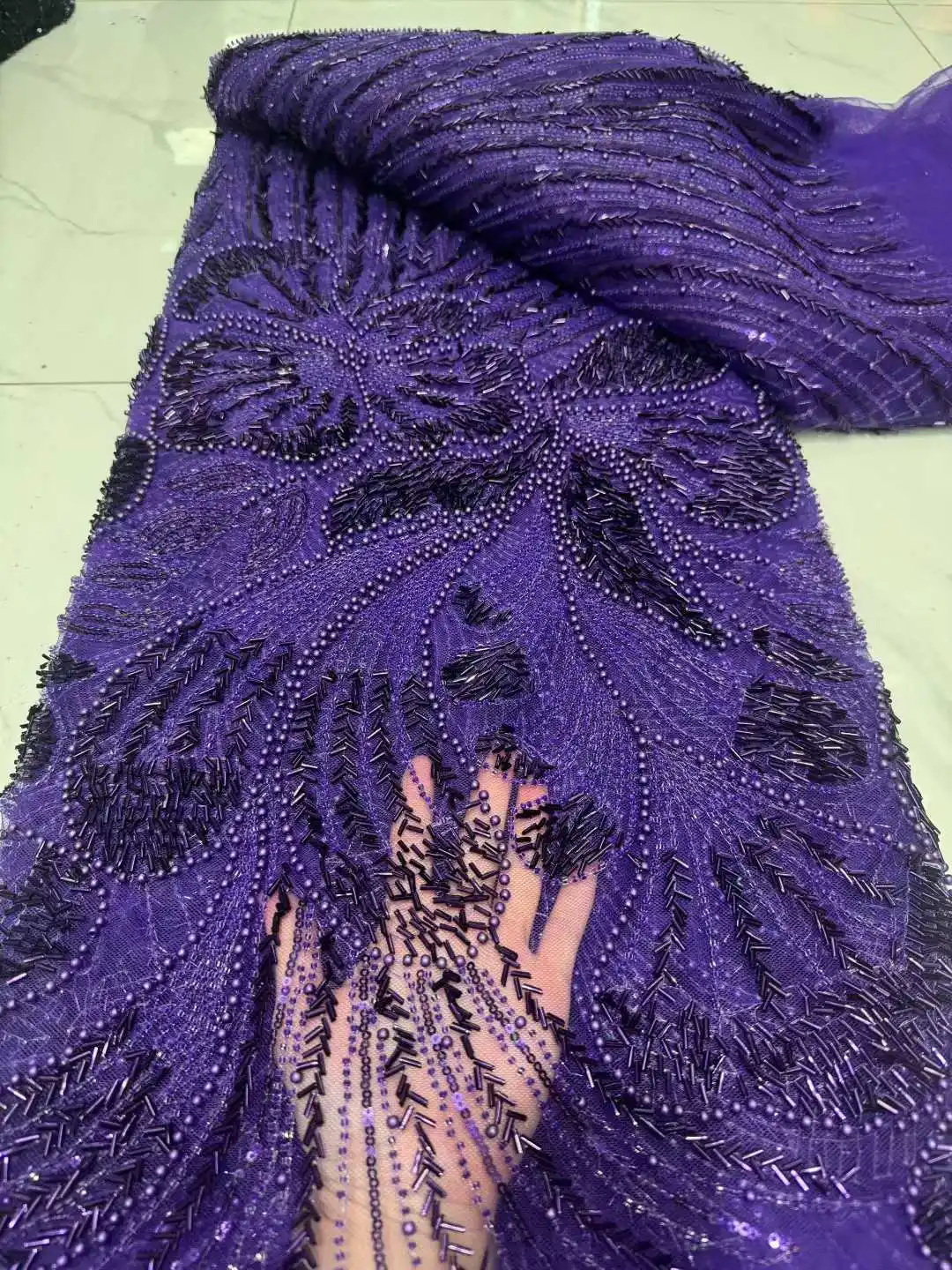 

2026 Purple Luxury French Tulle Net Lace with Sequins and Beads African Nigerian Embroidered Lace Fabric Lace Fabric for Sewing