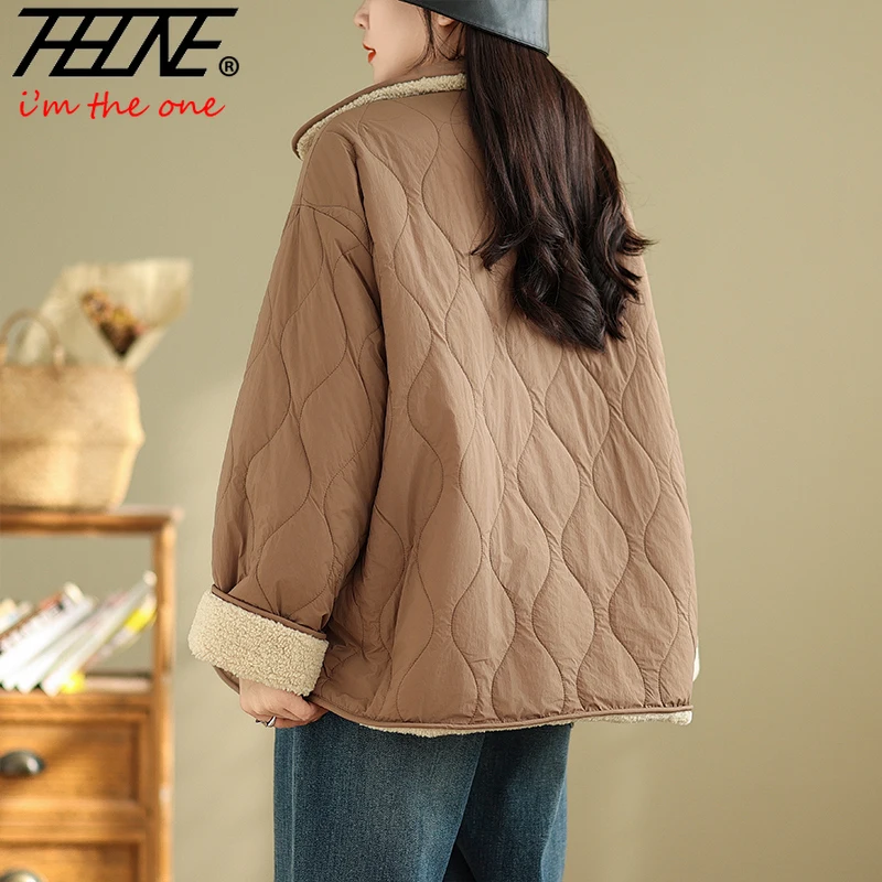 THHONE Otoño Invierno ropa mujer Parkas nueva solapa Retro dos prendas de manga larga lana de cordero algodón acolchado abrigos chaquetas prendas de vestir exteriores