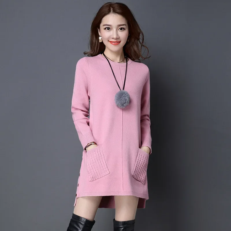 

Autumn Winter Sweater New Women's Solid Color Loose Pullover Tops Long-Sleeved Pocket Knit Sweaters Dress Pull Femme 3XL A365