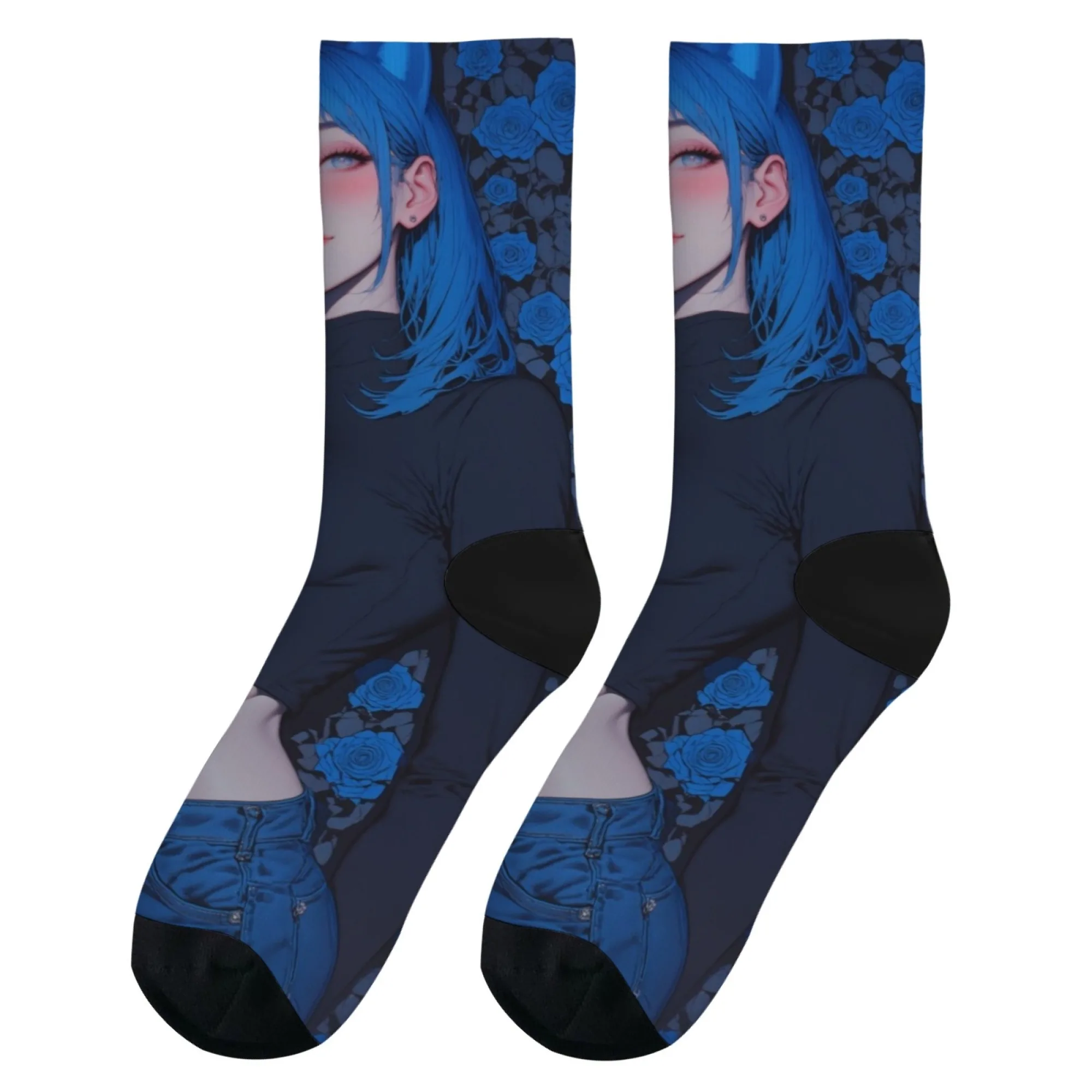 Blue Rose Anime Girl Harajuku Stijl Grappige Sokken Nieuwigheid Hip-Hop Trend Happy Socks Unisex Zachte Comfortabele Ademende Sokken Cadeau