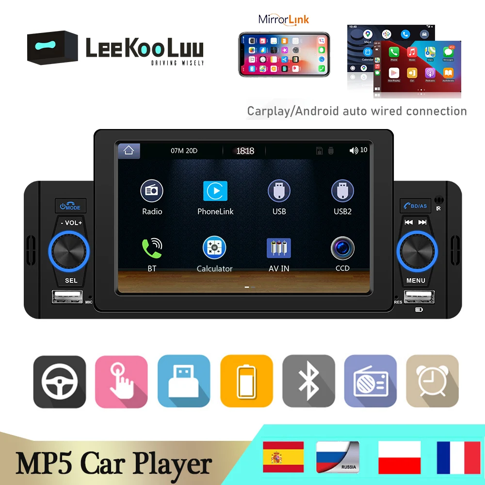 

LeeKooLuu 1 Din Car Radio Stereo 5" Autoradio MP5 Multimedia Player Support Wired Carplay/ Android Auto Bluetooth USB FM Radio