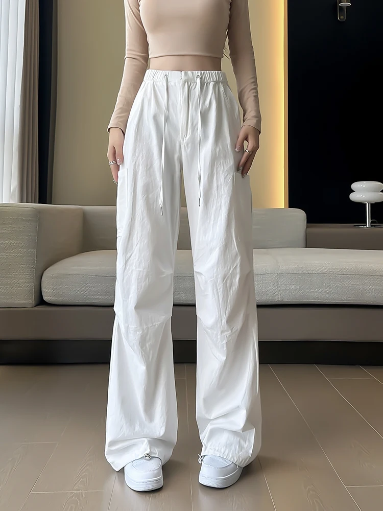 QOERLIN White Washed Pure Cotton Sweatpants Women Elastic Waist Wide Leg Casual Baggy Pants with Pocket Trousers Cargo Pants
