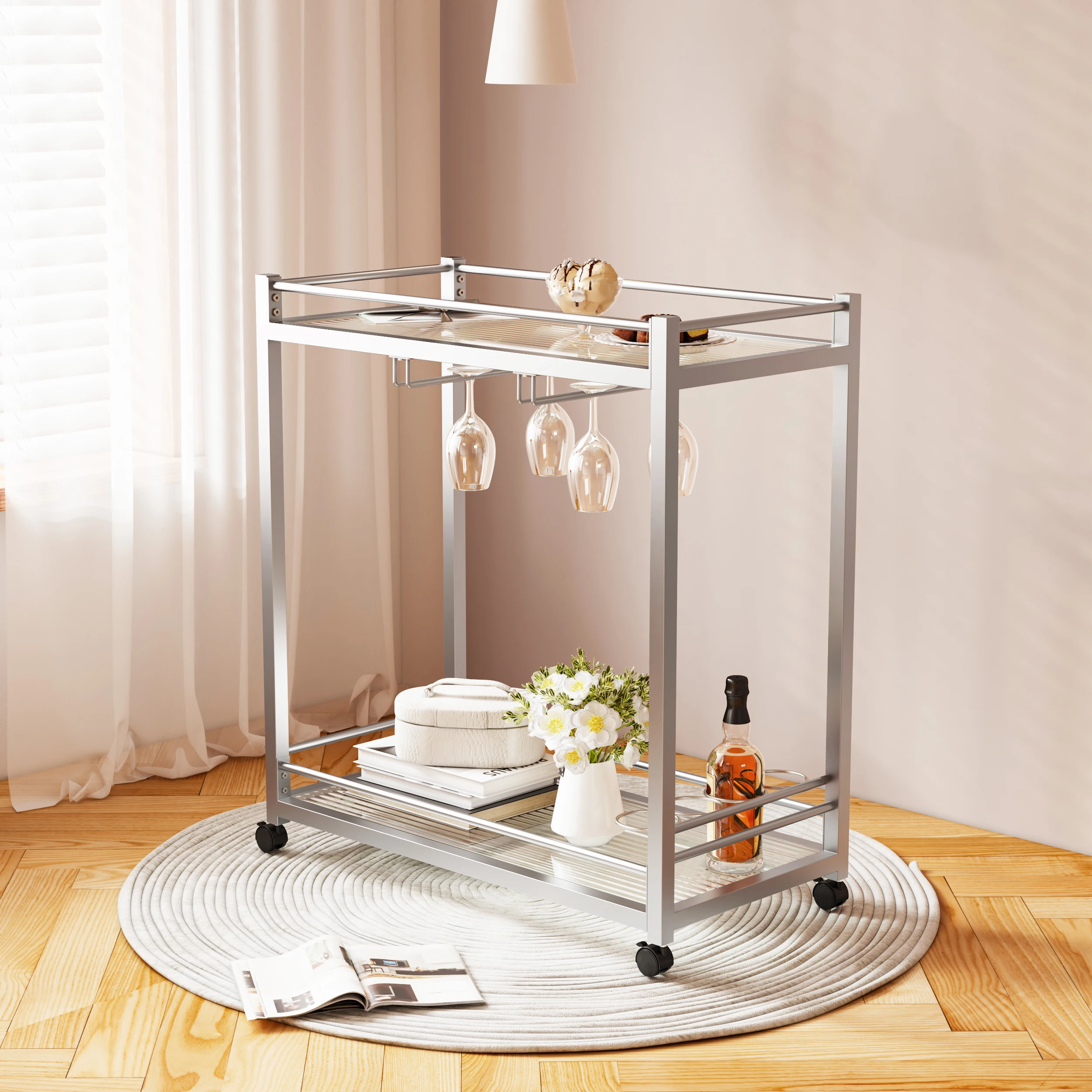 2 Level Bar Cart Silver Service Cart with Wheels Wine Cart with 2 Mirrored Shelves Wine Rack Glass Rack Storage Rack