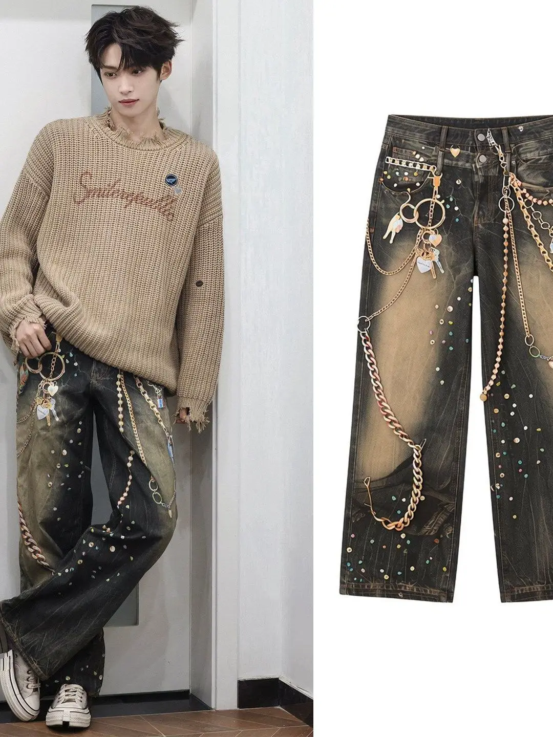 Calça Jeans Ziyu 3D com Estampa de Corrente, Perna Larga Reta, Unissex, Vintage Desbotada, Calça Longa Confortável de Corte Reto