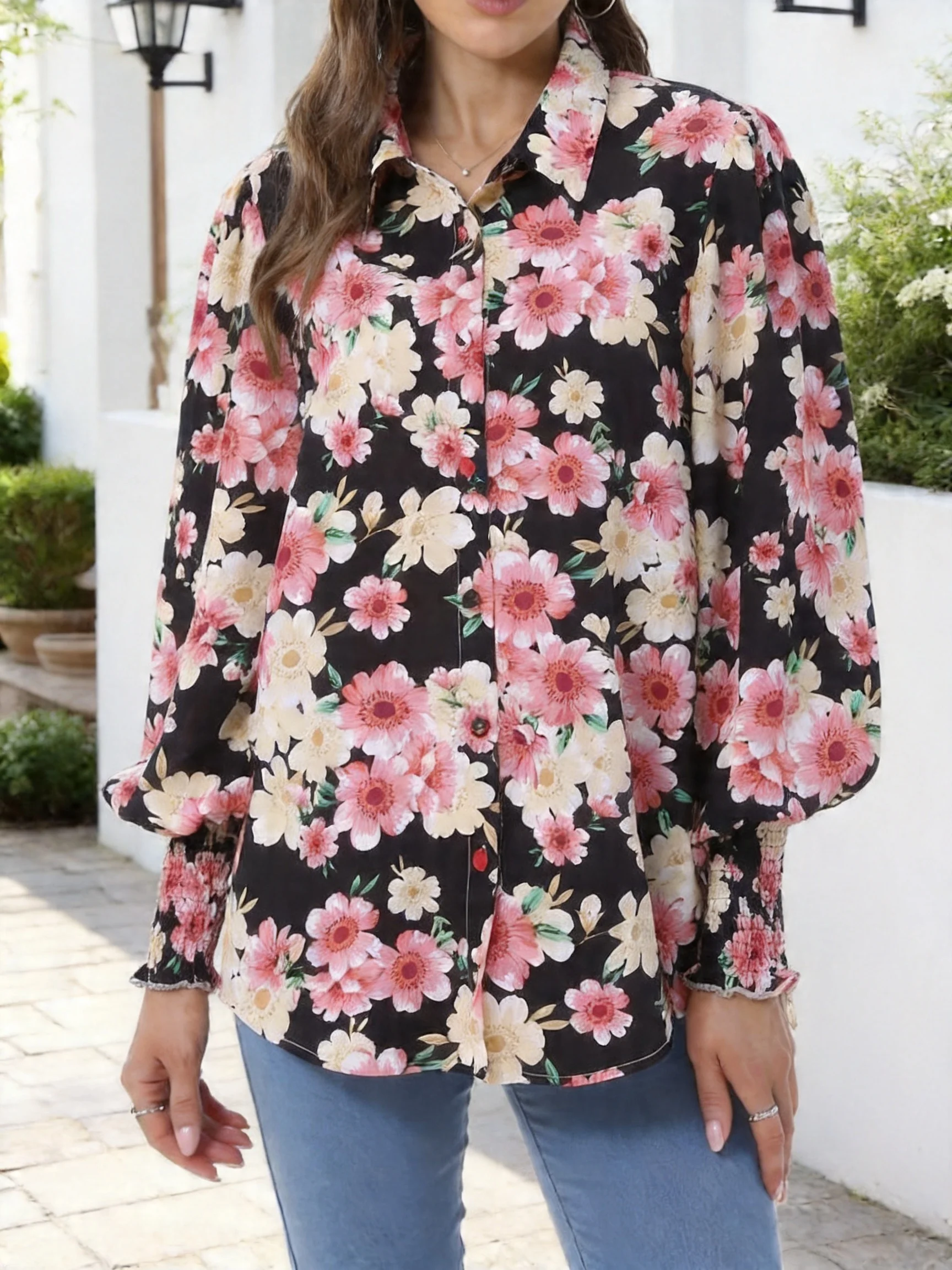 

Women's Unique Color Block Print Shirt Collared Blouse with Puff Sleeves Loose Fit Casual Commute Atmosphere Sense Top