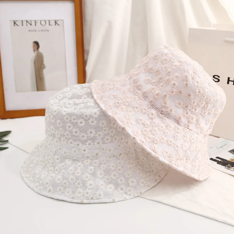 Women Panama Lace Transparent Embroidered Bucket Hat Girl Flower Sun Hat Korean Fisherman Cap Japanese Beach Solid Basin Caps