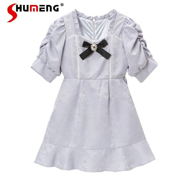 

Japanese Style Sweet Loose Girl's Bow Dress 2023 Summer New Female Student Cute Puff Sleeve Square Collar Short Sleeve Dresses