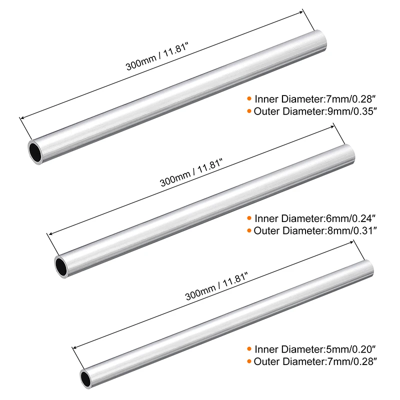 Tubes ronds en aluminium 6063, diamètre extérieur 5/6/7/8/9/12/13/14/15/16/20mm, longueur 300mm, 3 pièces