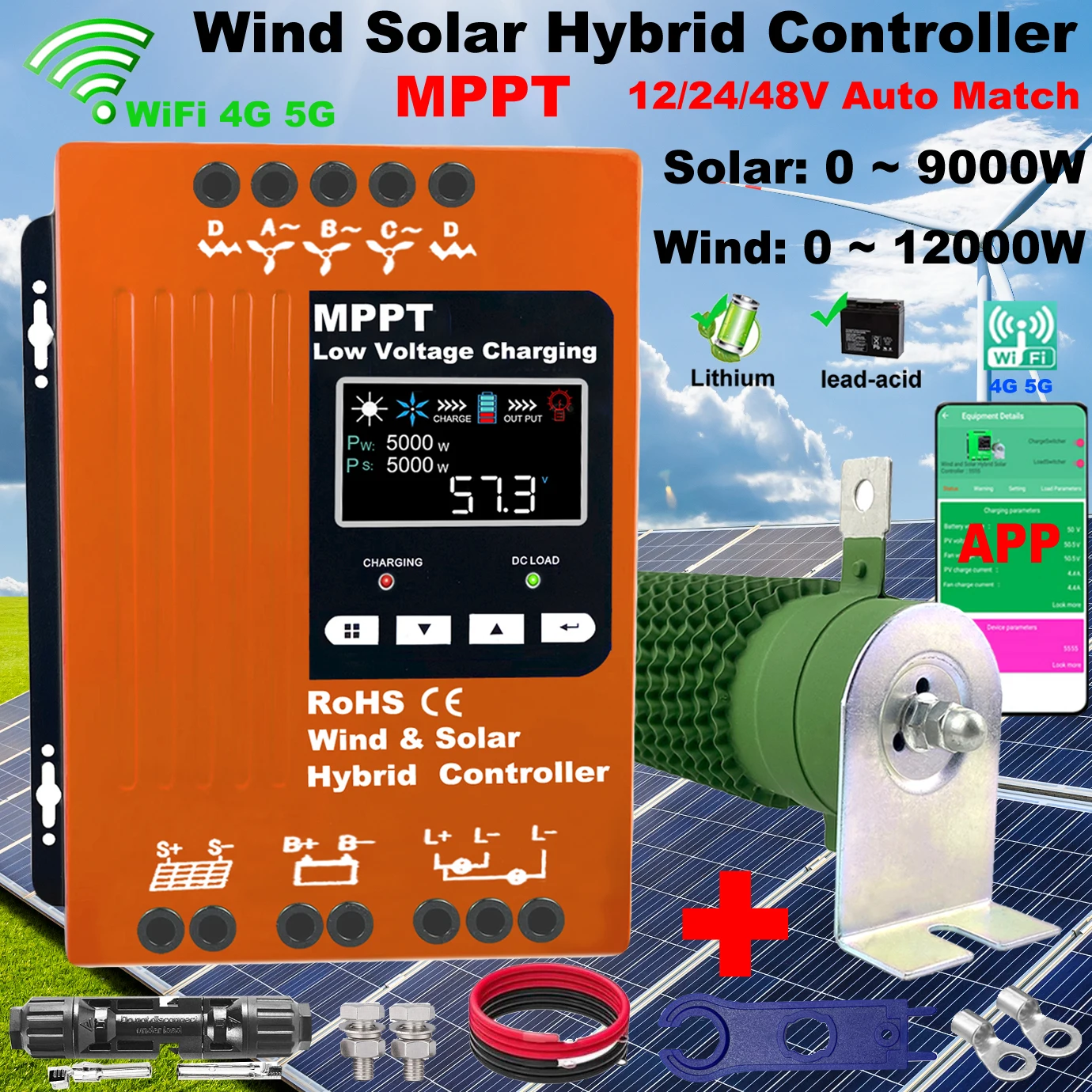 5000W 12V 24V 48V MPPT Solar Charge Controller Wind Solar Hybrid Charge Controller Regulator For Lifepo4 Lithium For Turbine PV