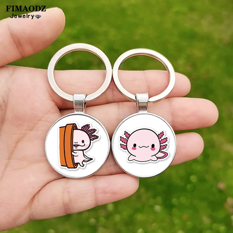 Hot Pet Axolotl Keychain Toy Glass Dome Cartoon Animal Pride Fashion Alloy Keyring for Men Women Axolotl Lovers Birthday Gift