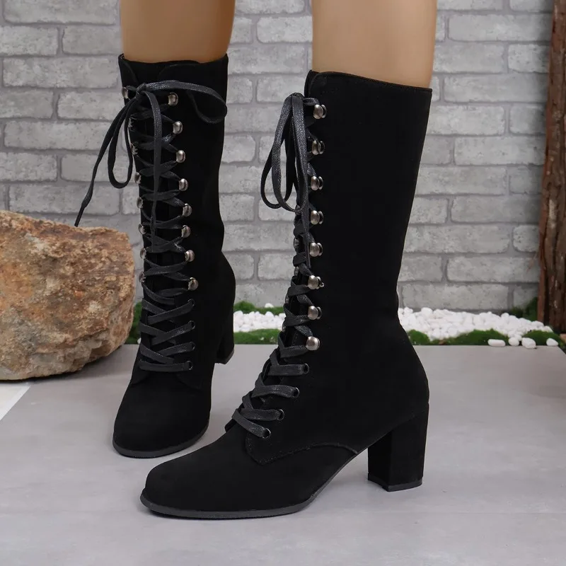 2023 Winter Shoes for Female Front Lace-up Women's Mid-Calf Boots Square Heel High Heel Women's Shoes Cross-tied Ladies Boots