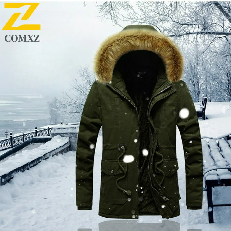 

Men Padded Jacket Fleece Lined Korean Style Warm Lightweight Cotton Coat Fur Collar Hooded Mid Length Cold Resistant Winter Coat