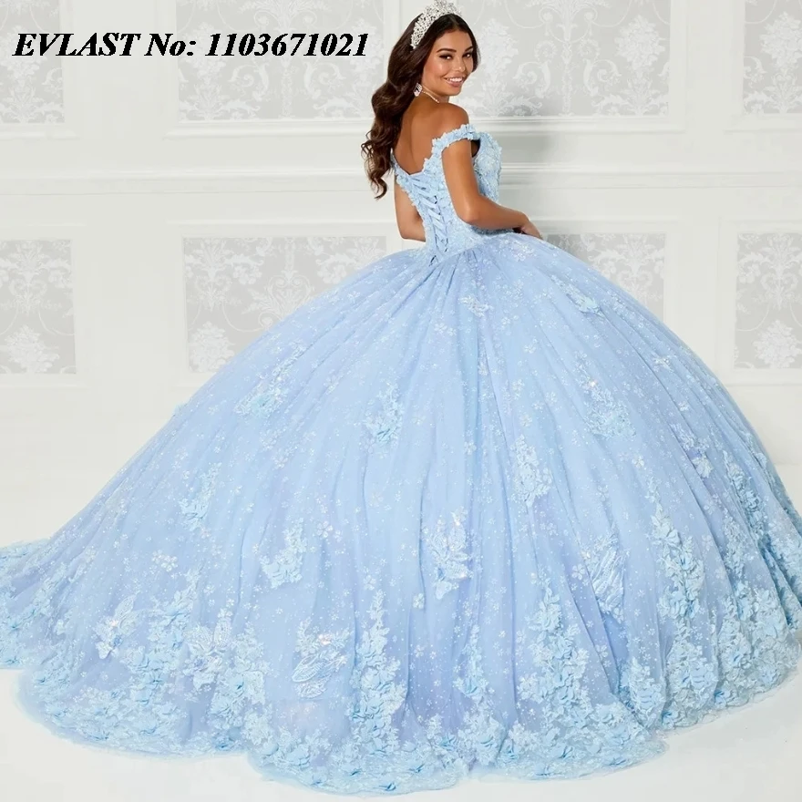 EVLAST Customized Blue Quinceanera Dress 2024 Ball Gown 3D Lace Applique Beaded Cape Corset Sweet 16 Vestidos De 15 Anos SQ231