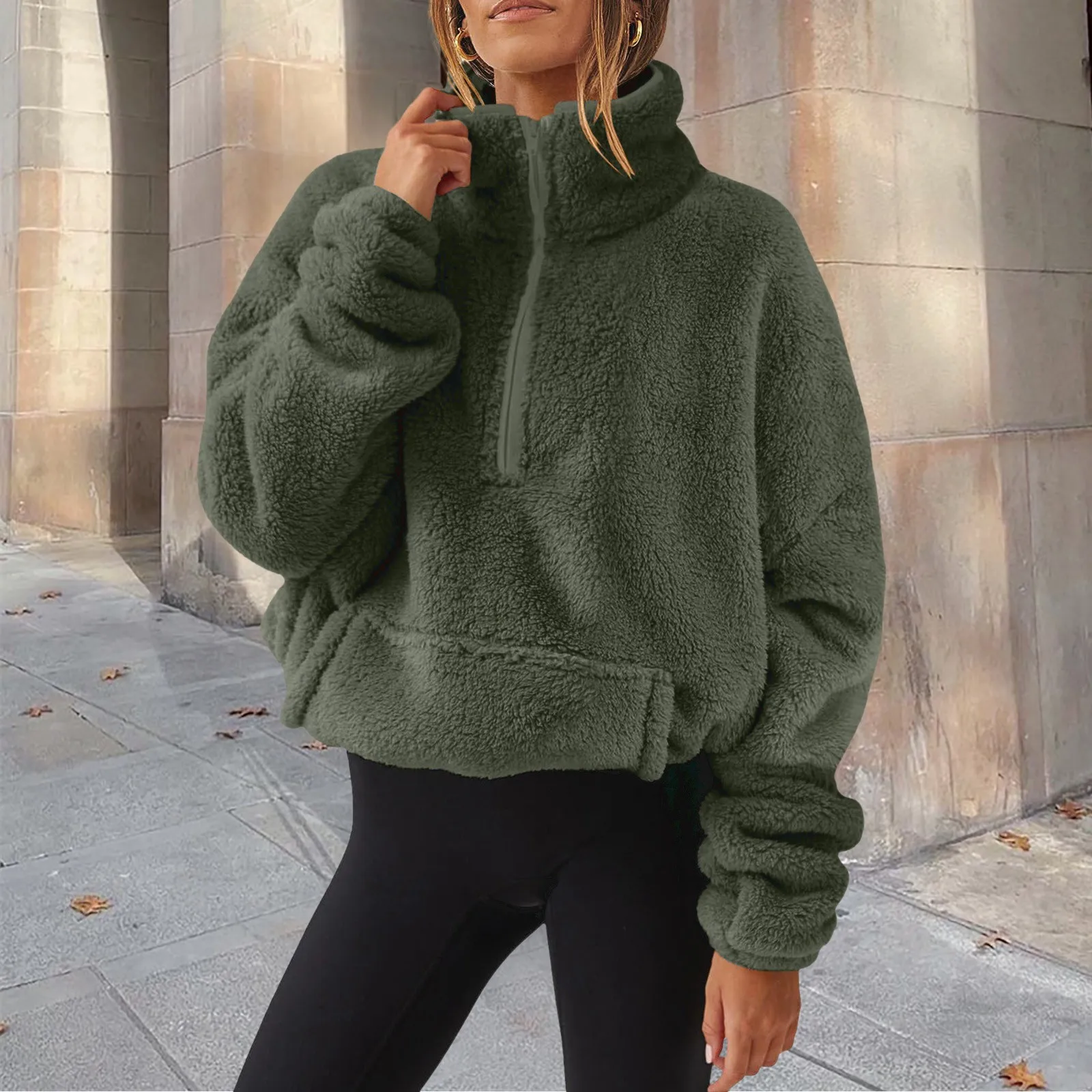 

Long Sleeve Mock Neck Half Zip Sweatshirt Women Fleece Thermals Pocket Pullover Top Loose Fit Solid Color Casual Hoodies