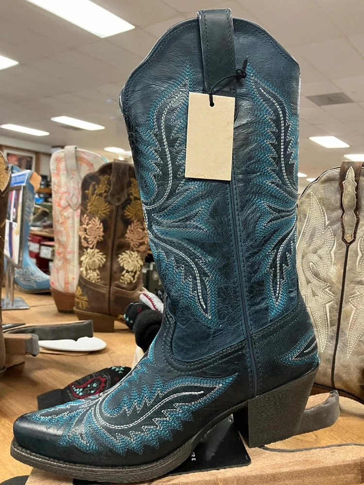 Retro Embroidered Western Boots Women's High Tube Thick Heel Splicing Color Slimming Fashion Boots Trendy High Top Cowgirl Boots