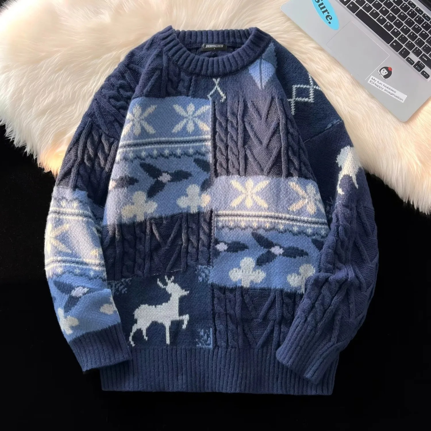 Men's New Autumn and Winter Patchwork Sweaters, Fashionable and Versatile Round-Neck Tops