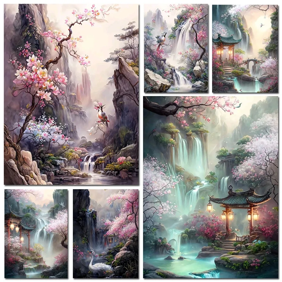 

500 Pieces Jigsaw Puzzle for Adults Painting Waterfall sakura Landscape Paper Puzzles Home Decor Wall Display Festival Gift