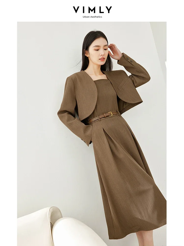 Vimly Coffee Elegant Blazer Suit Cropped Jacket A-line Pleated Midi Dress 2023 Autumn Winter New Office Lady Matching Sets M3967