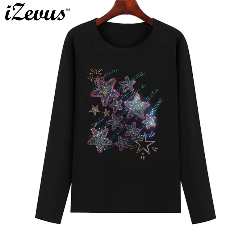 New shiny stars women's fall and winter long-sleeved sleeve casual T-shirt hot diamond process quality T-shirt S-4XL