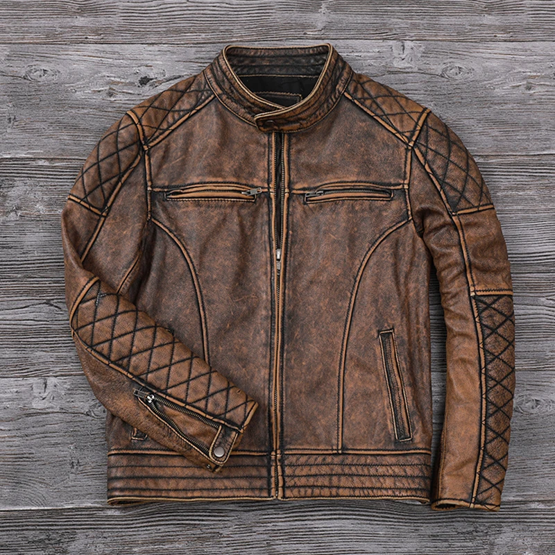 

Amekaji Leather Coat Heavy Industry Mill Old Men's Vintage Motorcycle Wrapping First Layer Cowhide Stand and Collar