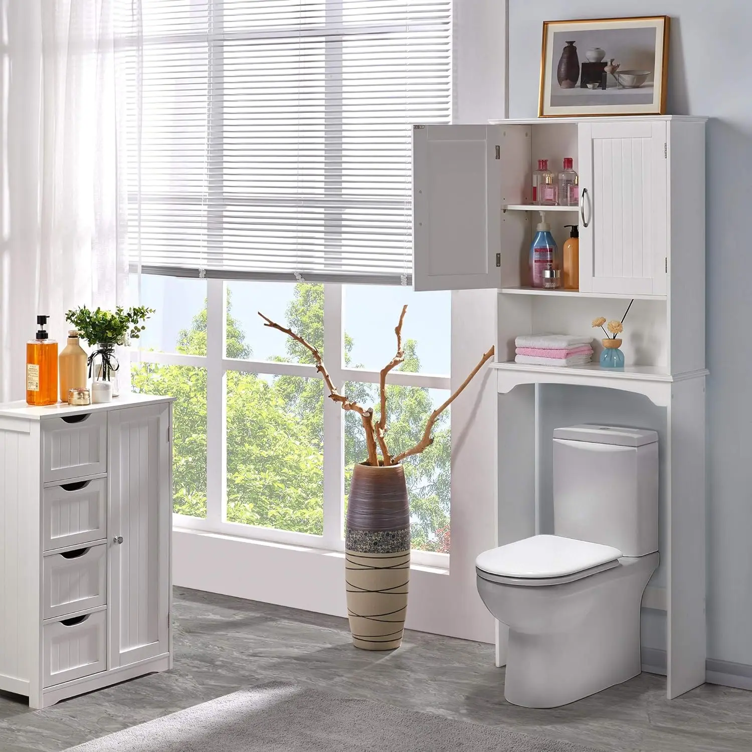 Comfort Corner Over The Toilet Cabinet, Double Door Bathroom Storage Organizer, Toilet Rack with Shelf and Open Storage Shelf