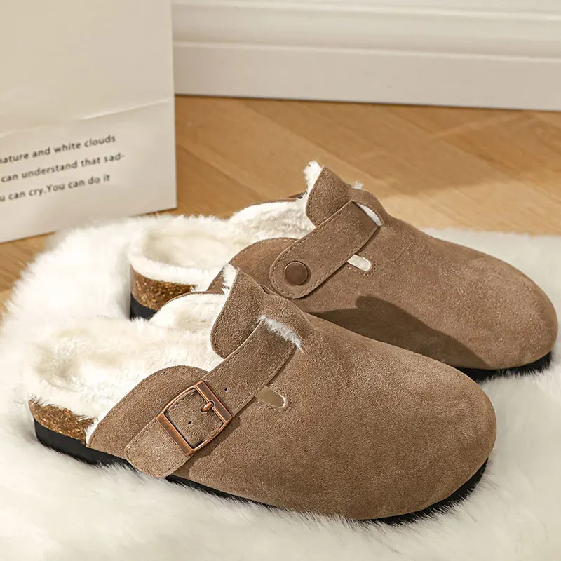 Bebealy Fashion Fur Clogs Slippers For Women Winter Fluffy Cork Insole Plush Slippers With Arch Support Home Furry Suede Mules