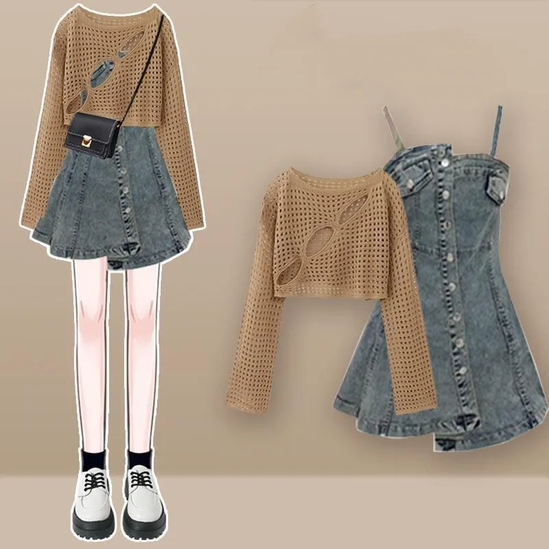 

Women's Summer Autumn New In Dress Matching Set 2025 Korean Elegant Retro Hollow Long Sleeve Top+Denim Strap Skirt 2-Piece Suit