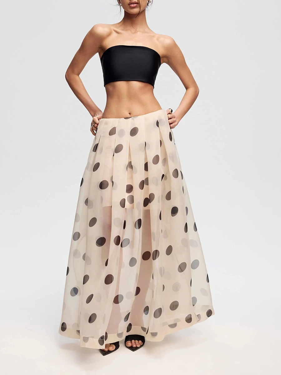 LIMO 2026 Summer See Through Polka Dot Organza Long Skirt High Waist Side Split Swing Maxi Skirt For Women
