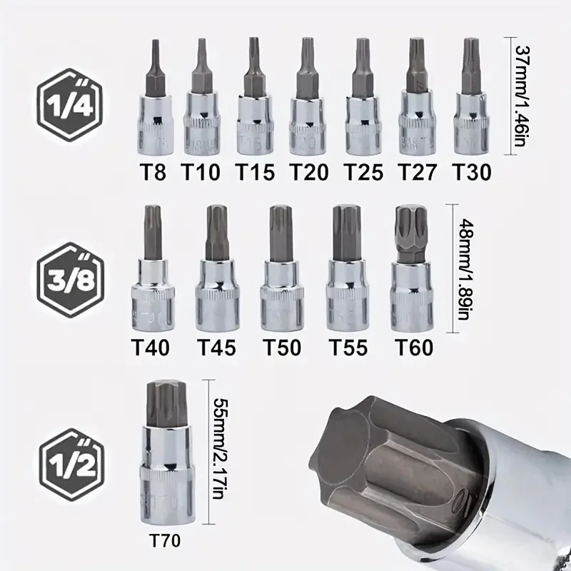 13pcs Torx Bit Socket Set Star Screwdriver Bits T8-T70 Multifunctional Hand Tools Kit For Mechanical Work With Storage Case