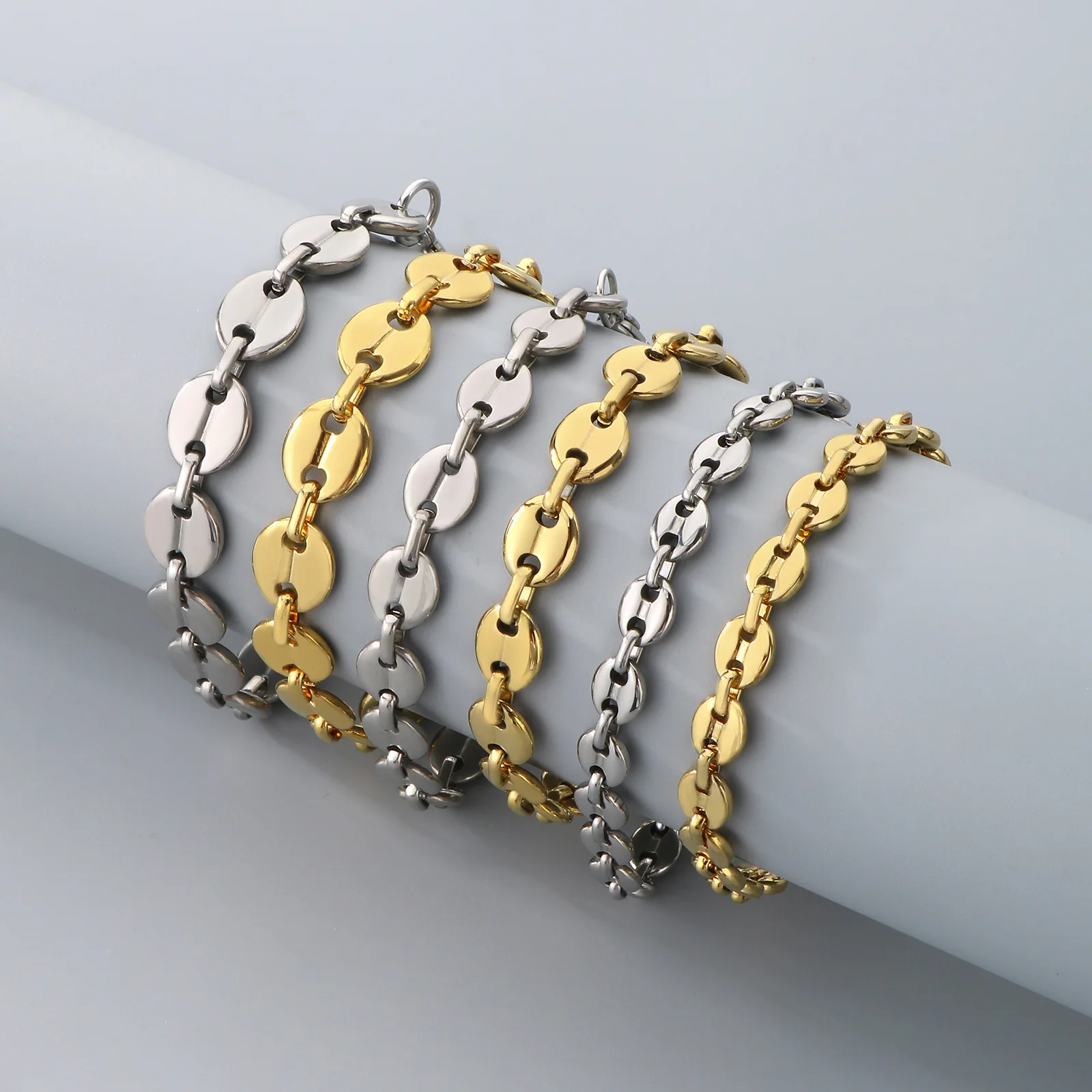 7/9/11mm Multi-Size Coffee Bean Link Chain Bracelet For Men Women Gold Color Stainless Steel Punk Fashion Jewelry