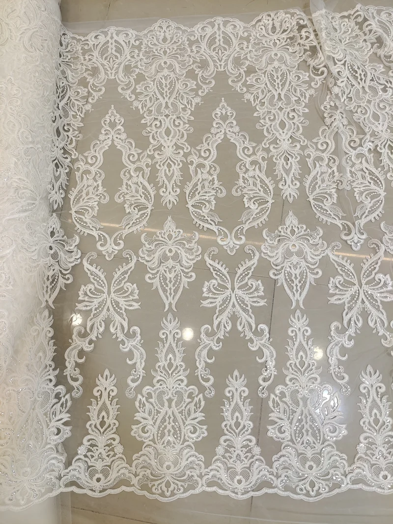 Mit Pailletten bestickter Spitzenstoff, Hochzeitskleid-DIY-Zubehör, weiße Blumen, RS4043 – Detail 8