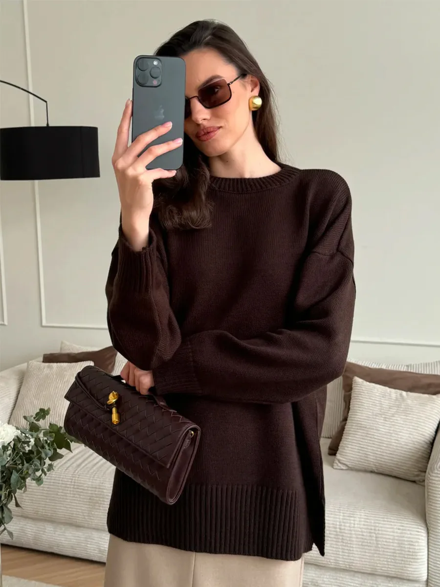 Bornladies outono inverno feminino cor sólida camisola de malha com fendas laterais solto ajuste tripulação pescoço manga longa casual jumpers