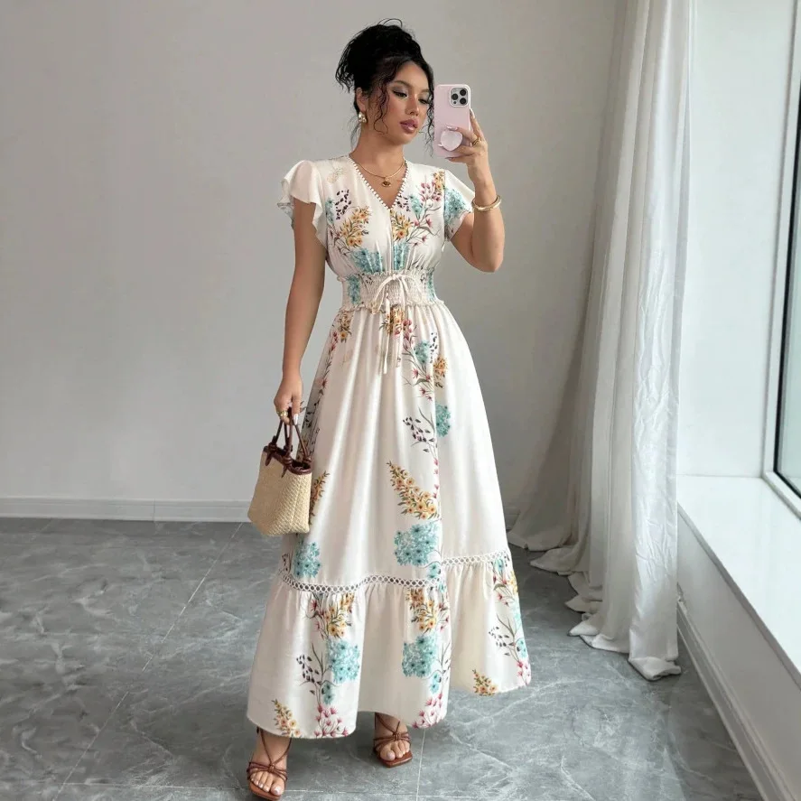 2026 Spring/summer New Watercolor Floral Short-sleeve Long Dress Wedding Dress Prom Clothing Party Bandage