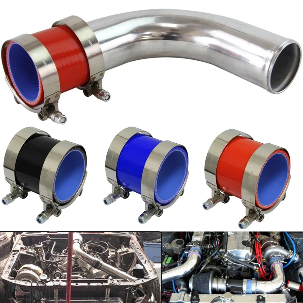 Universal 51 63 76mm Cold Air Intake Pipe Tube 90 Degrees Aluminum Racing Car Turbo High Flow 2pcs Silicone Hose Coupler Clamp