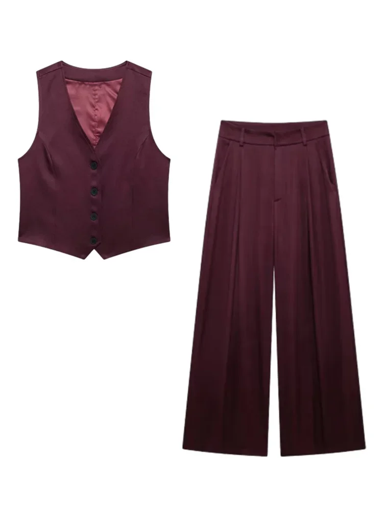 Foridol Burgundy Vest+pants Set Outfits Women Autumn Winter Casual Matching Set 2024 Chic Trends Color Wide Leg Pant Suit