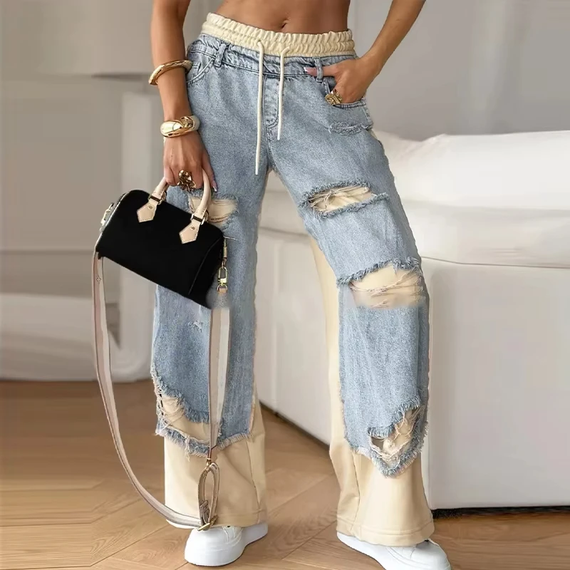 

Casual Women High Waist Hole Splicing Denim Jeans Elastic Sweatpants