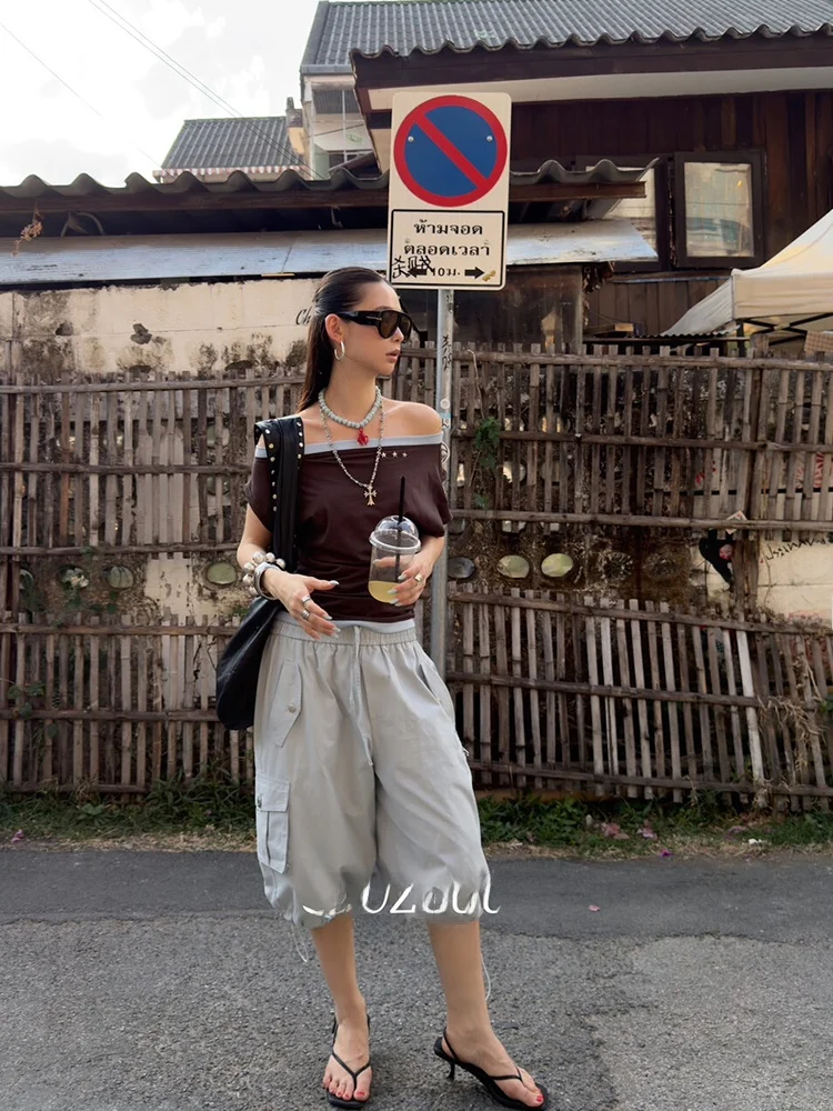 

Женские повседневные брюки-фонарики SUUZOUU2026 в американском стиле с эластичным поясом, универсальные, утягивающие, длиной 7/8, для работы