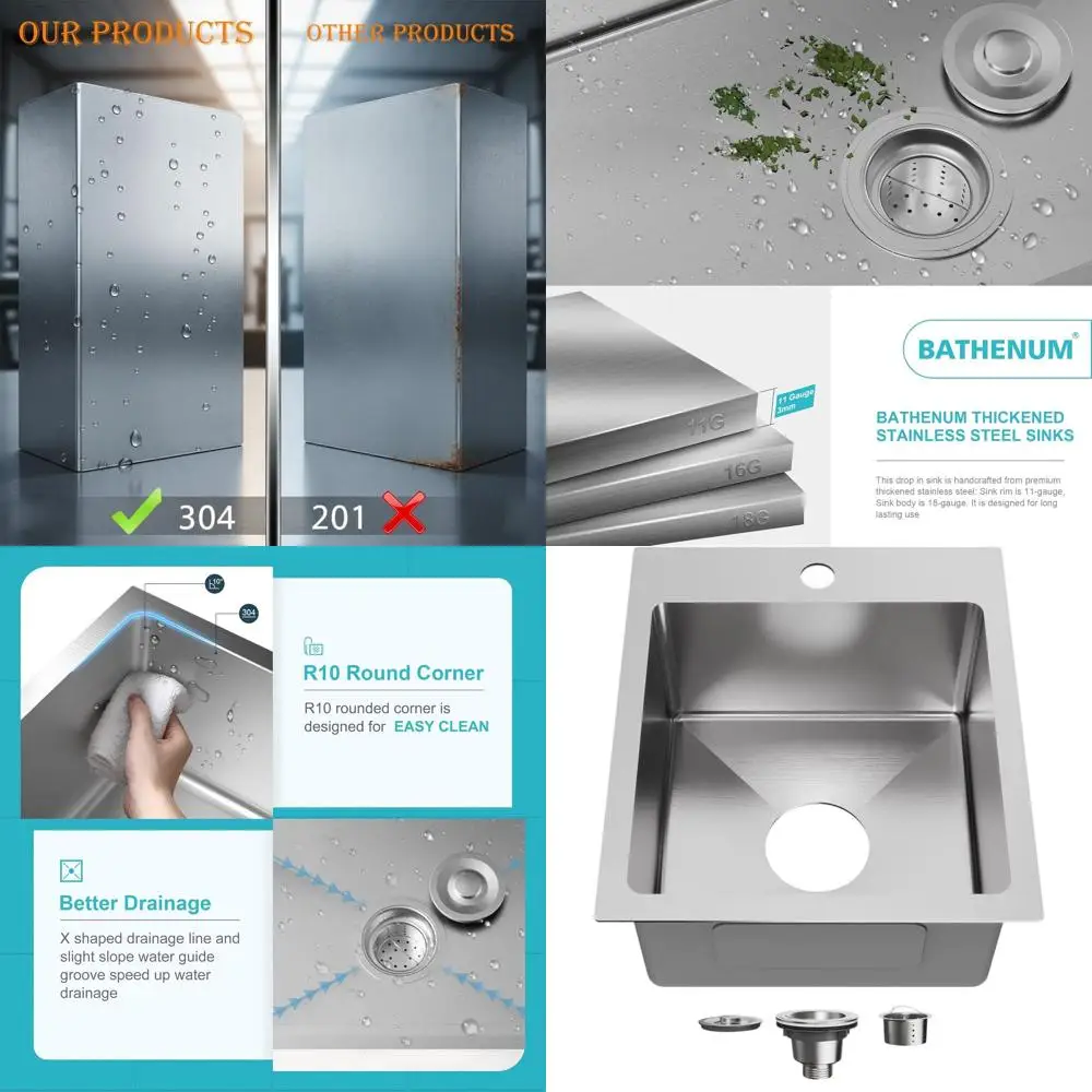 

15 x 17 Single Bowl Drop-In Bar Sink, 304 Stainless Steel with Drain Kit, Brushed Finish