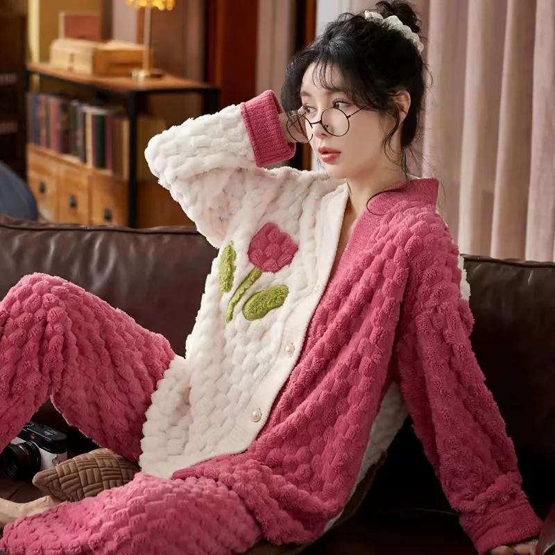 

Pajama Women's Fall/Winter Coral Velvet Homewear Flannel Thickened and Fleece Winter Warm Set Pajamas for Women Pajama Set