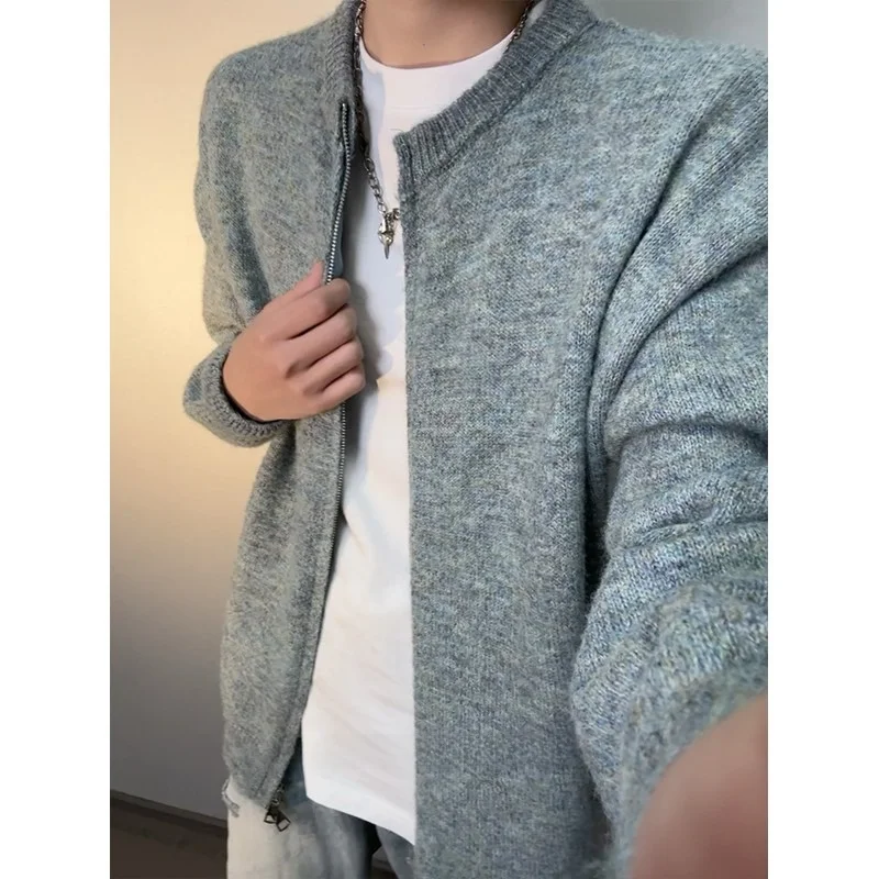American Style round Neck Knit Sweater Cardigan Men's Loose Casual Versatile Autumn Fashion Lazy Boy Style Outerwear