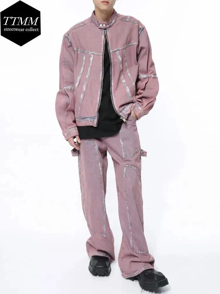 Men's Wear | 2025 Seasonal New Product Dopamine Pink Painted Wrinkle Design Denim Set