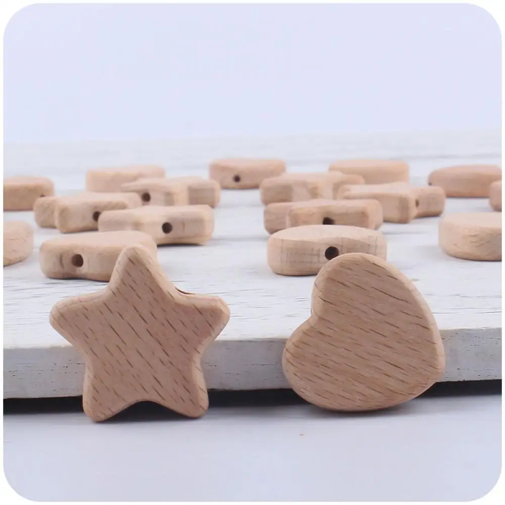 10Pcs Beech Wooden Beads Heart Star Shape Baby Teether Beads for DIY Necklace Pacifier Chain Crafts Jewelry Making