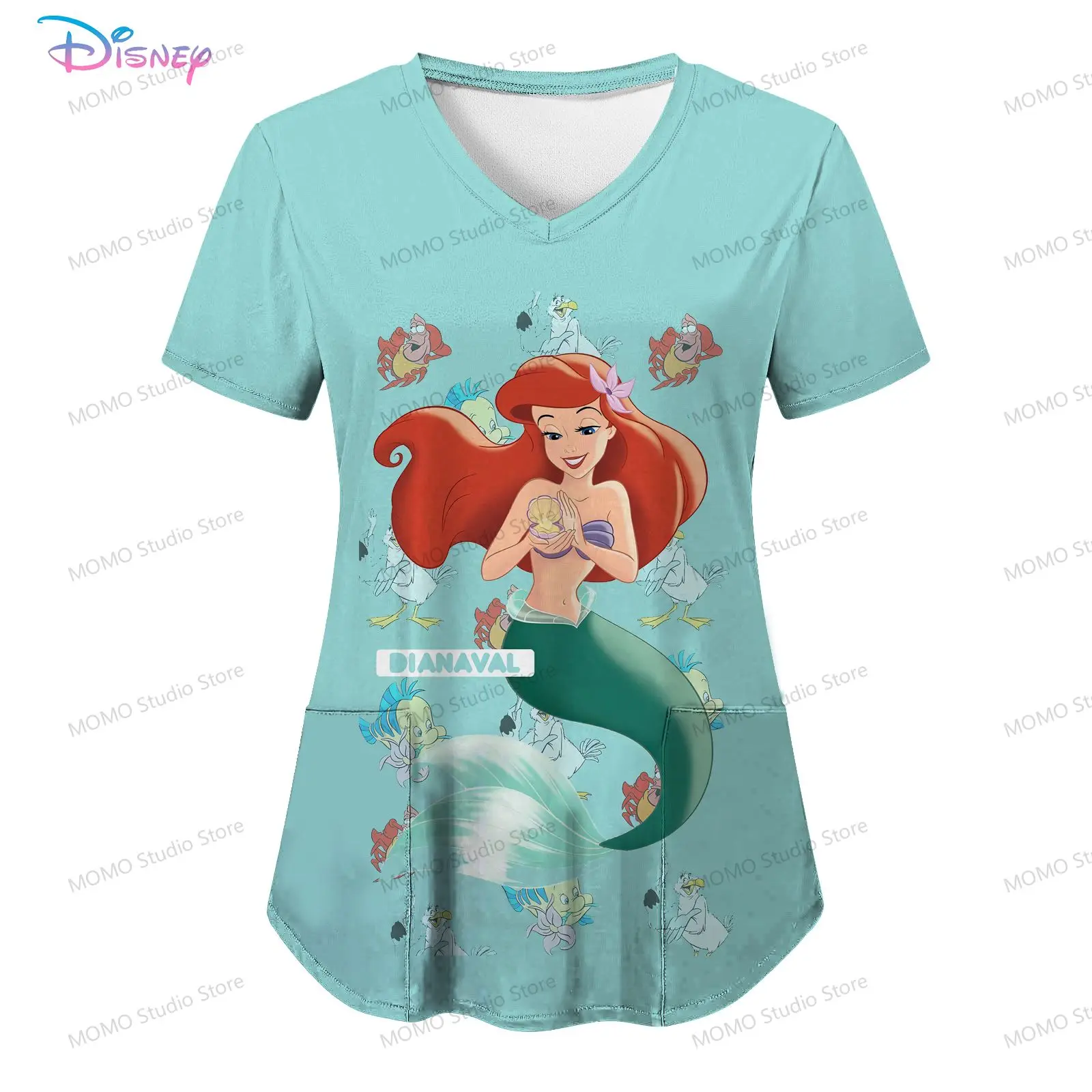 

Disney Princess Pocket Women's V Neck Nurse Uniform T-Shirt Y2k Summer Short Sleeve Youthful Woman Clothes Tops S-2XL Kawaii