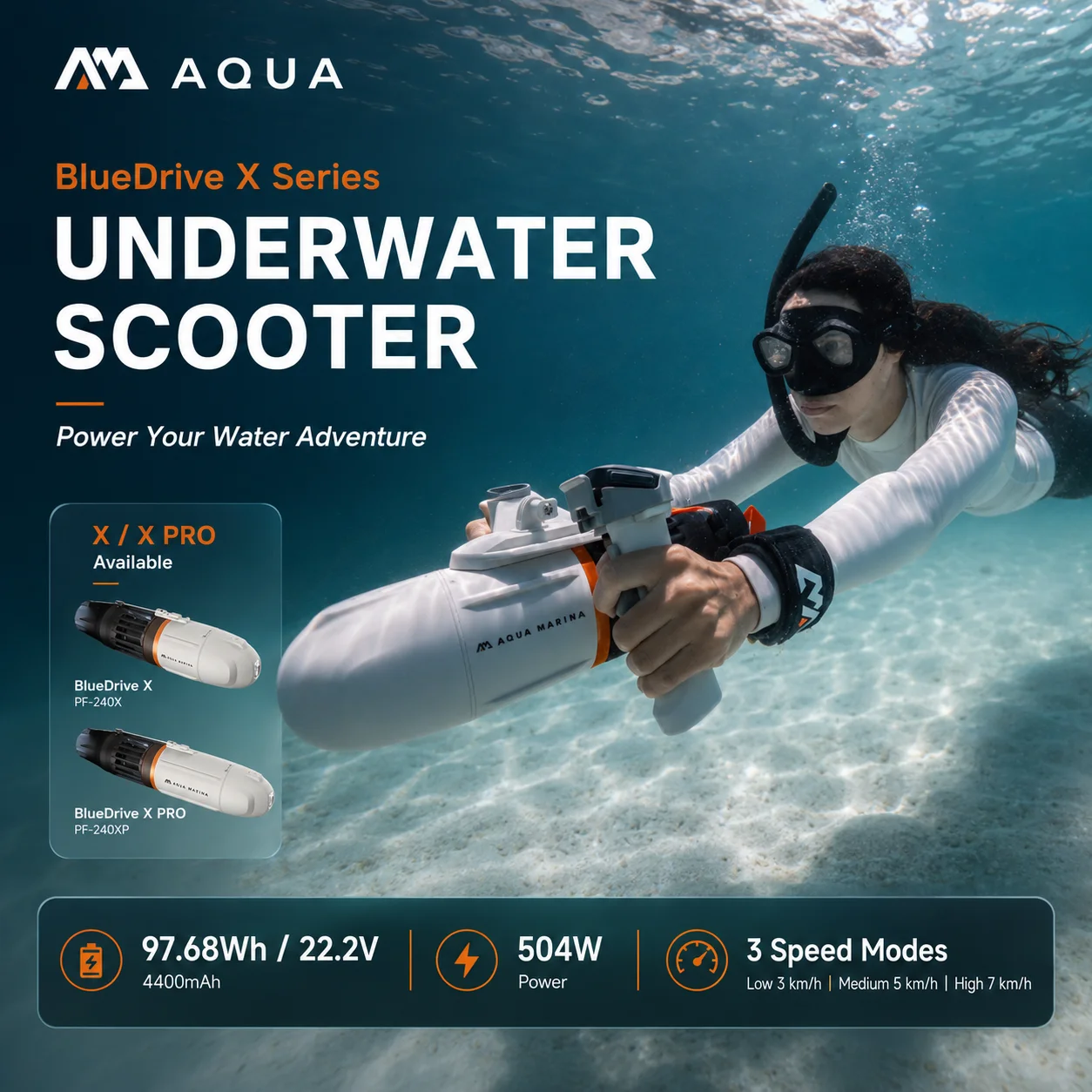 Propulseur sous-marin AQUA MARINA BlueDrive X X PRO, scooter électrique pour la plongée, le snorkeling, le paddle board, le kayak, moteur sans balais à 3 vitesses, double commande, batterie amovible étanche, phare LED, hélice portable pour les sports nautiques