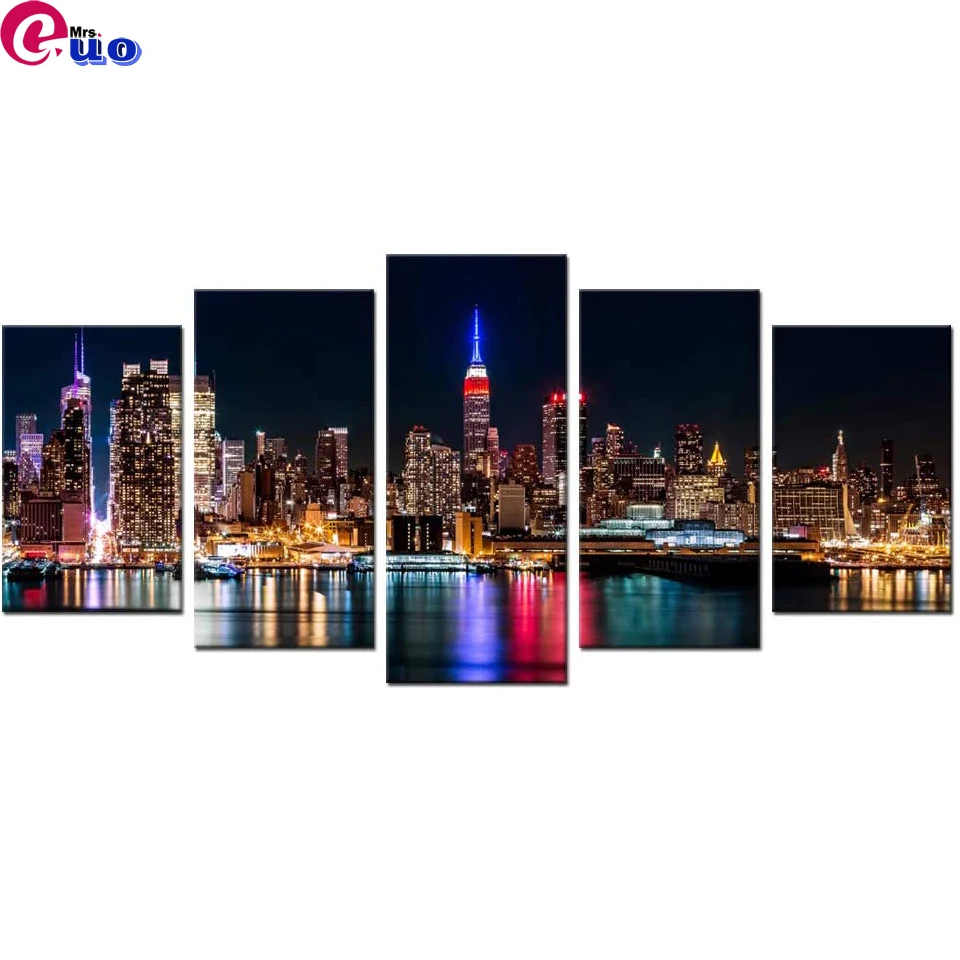 Diamond Painting 5pcs/set of New York City Manhattan Skyline Night View Full Square/Round Diamond Embroidery Multi-picture sale