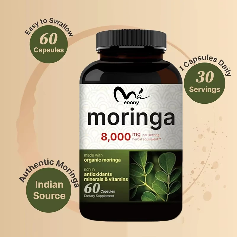 

Moringa capsules, 8000 milligrams per serving, are made from Moringa powder and are organic for skin health and immune support