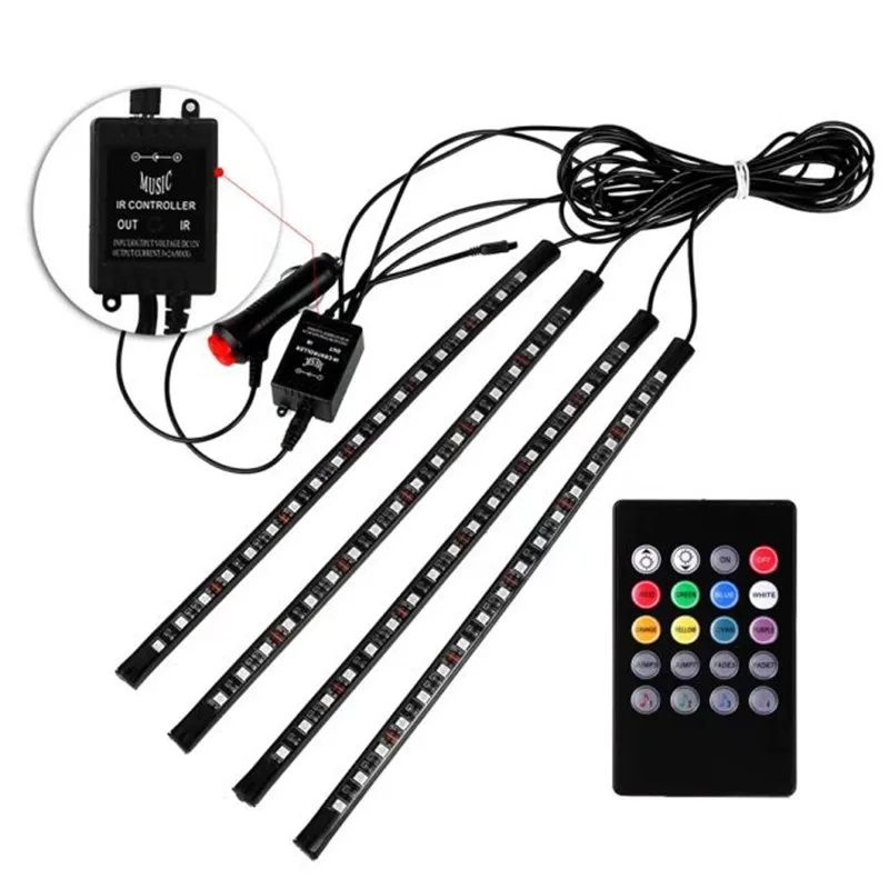 Car RGB LED Strip 4*9/12/18pcs SMD5050 12W Car Interior Decorative Atmosphere Strip Auto RGB Pathway Floor Light Remote Control