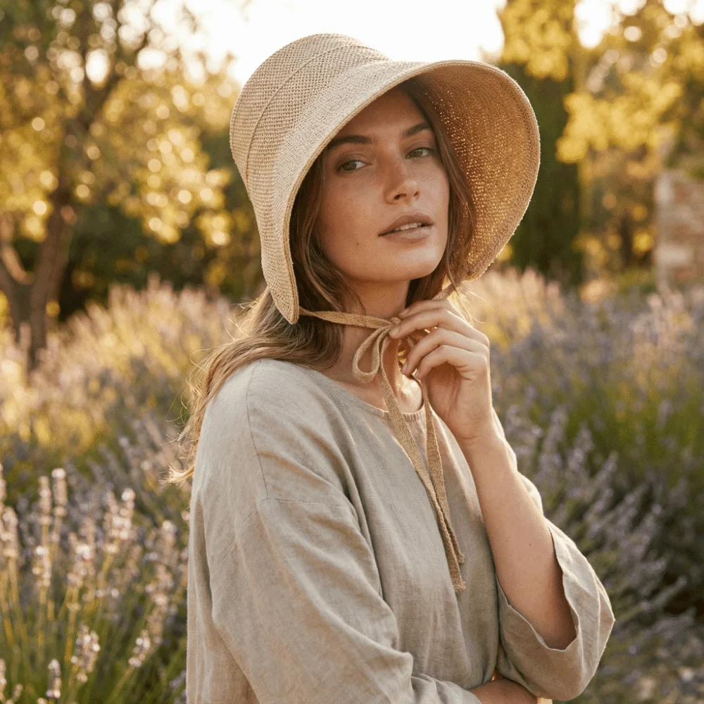 Lace Up Closure Linen Straw Bonnets Geometric Pattern Round Top Sun Protection Hat Bow Accent Cotton Linen Wide Brim Cloche Hat