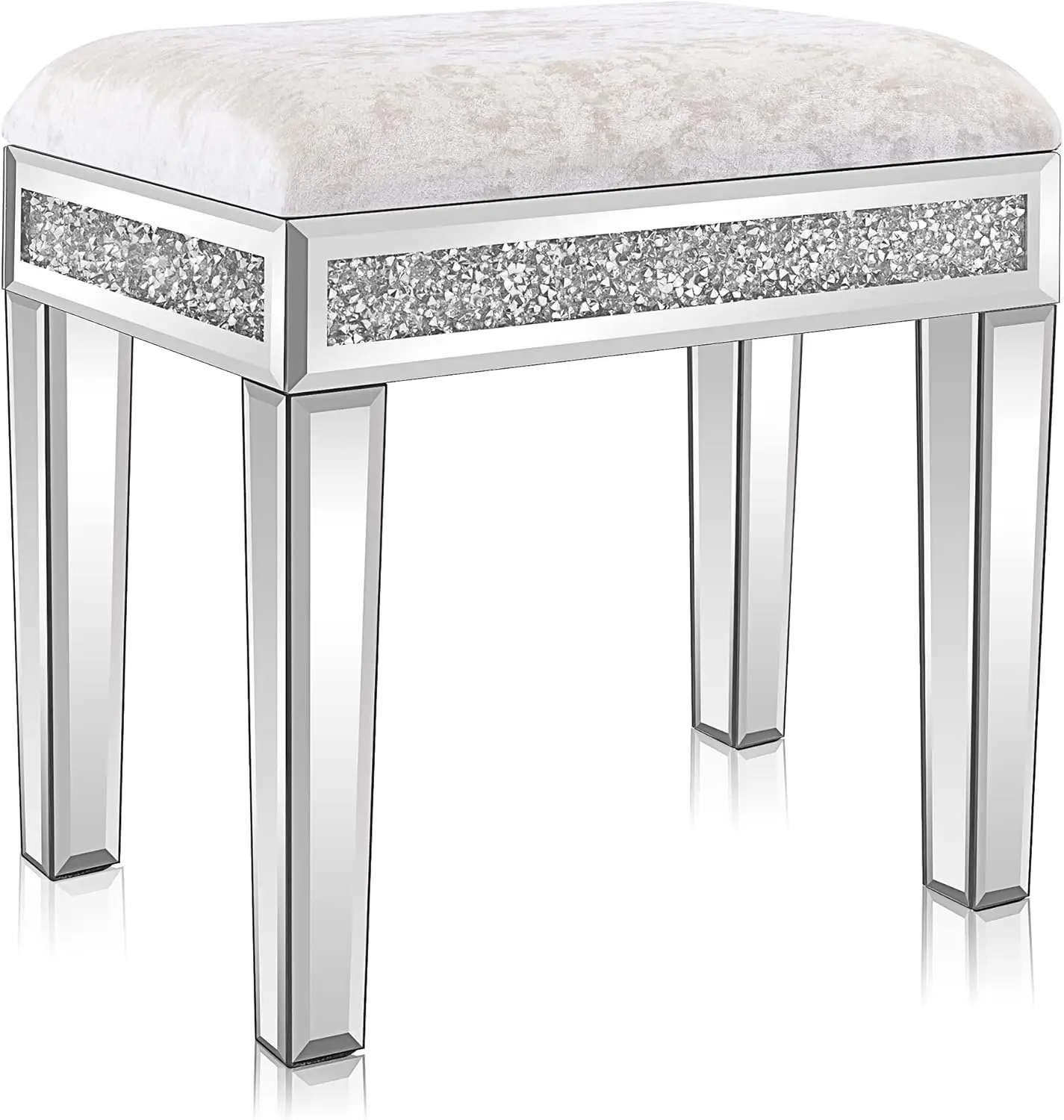 Mirrored Vanity Stool with Storage, Upholstered Velvet Ottoman, Makeup Dressing Table Bench with Sparking Diamonds